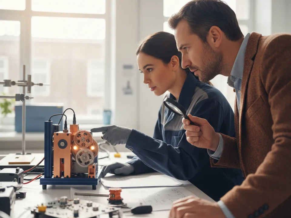 Laboratuvarda prototip üzerinde çalışan mühendis ve öğretim üyesi